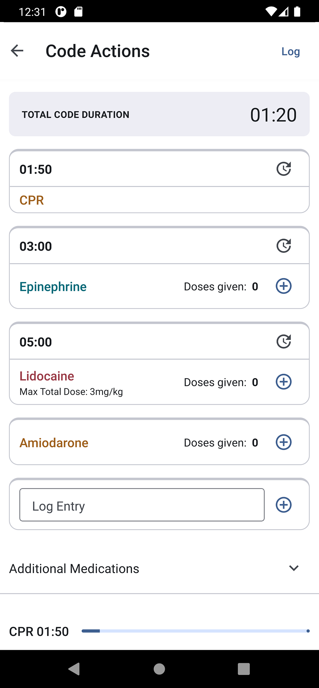 Code Actions screen with running timers and dose counts for epinephrine, lidocaine and amiodarone.