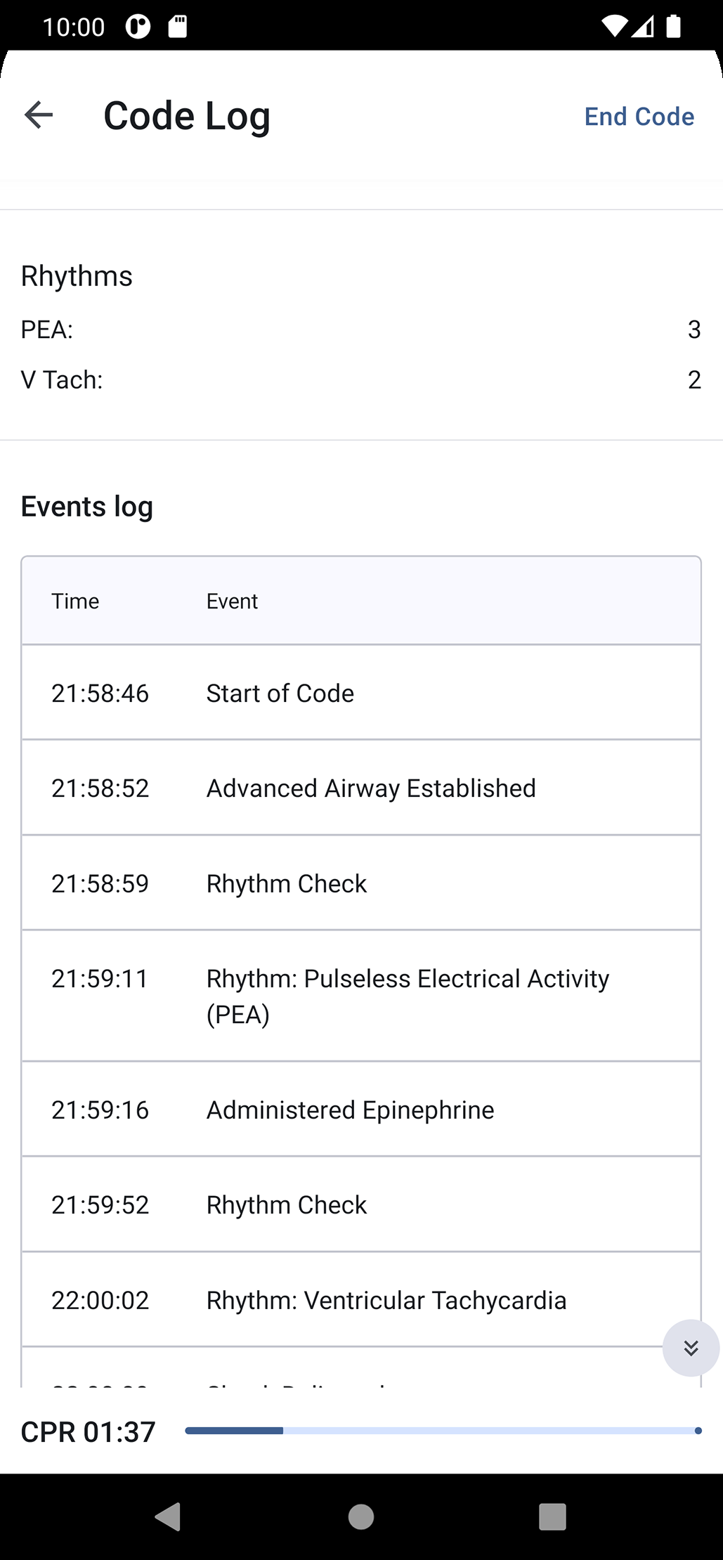 Code Log screen listing rhythm counts and a timestamped events log.