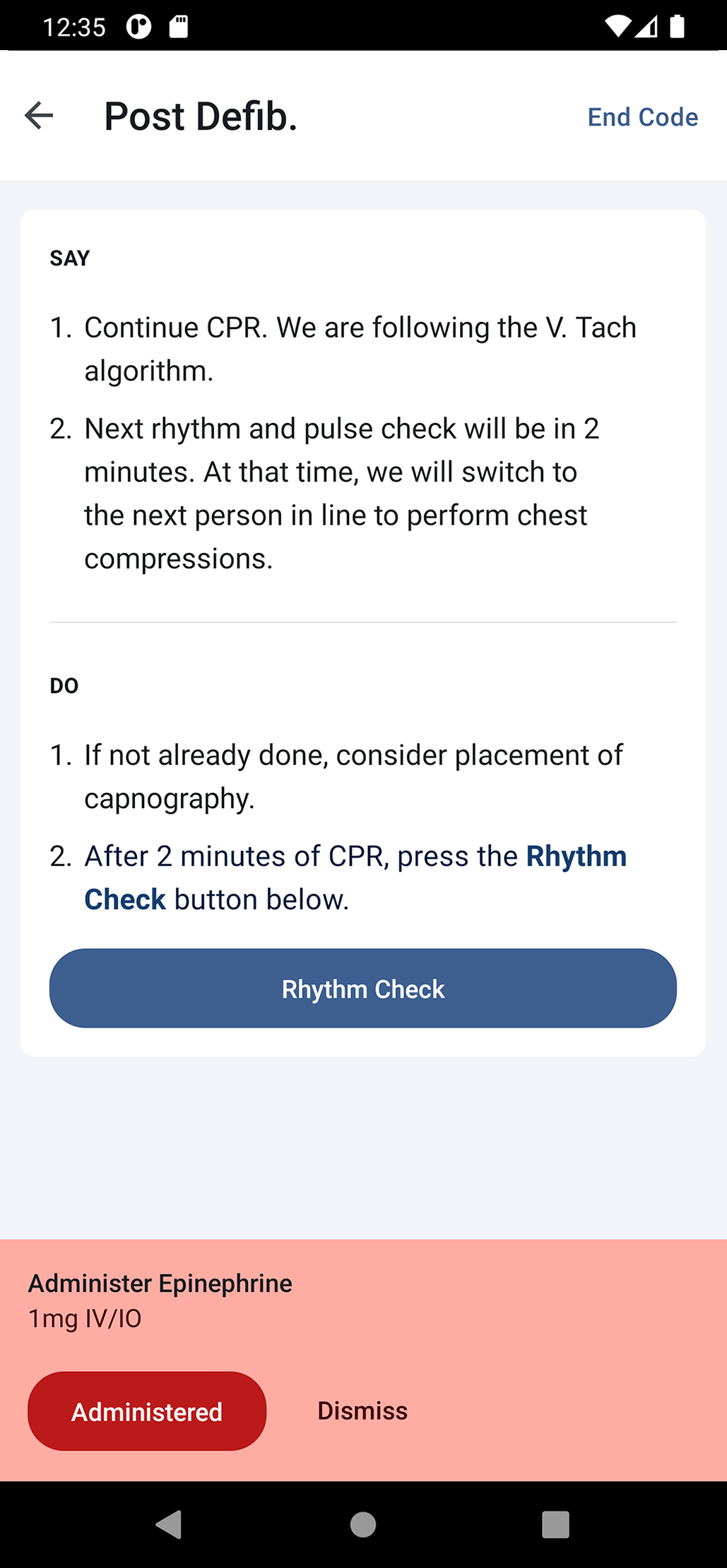 Screen showing a CPR timer and a prompt to administer epinephrine.