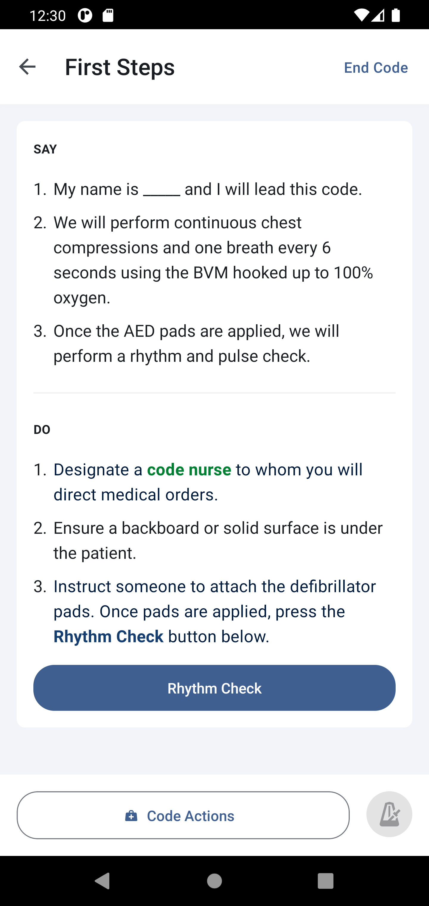 Code Blue Leader's First Steps screen, listing what to say and do at the start of a code.
