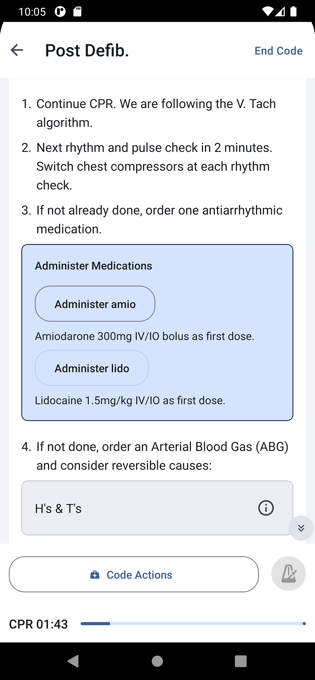 Post-defibrillation screen suggesting amiodarone or lidocaine as the next medication.