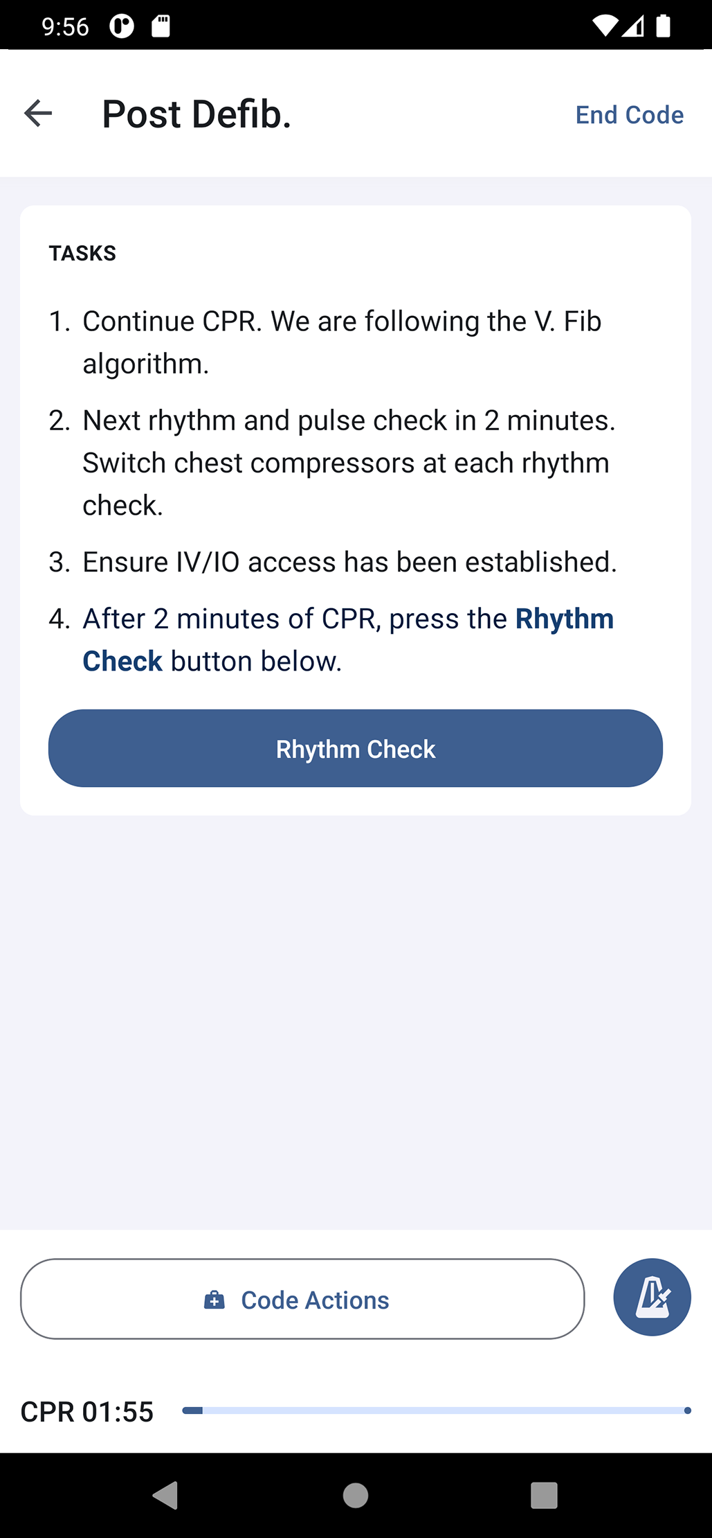 Post-defibrillation screen with a short numbered task list and a Rhythm Check button.