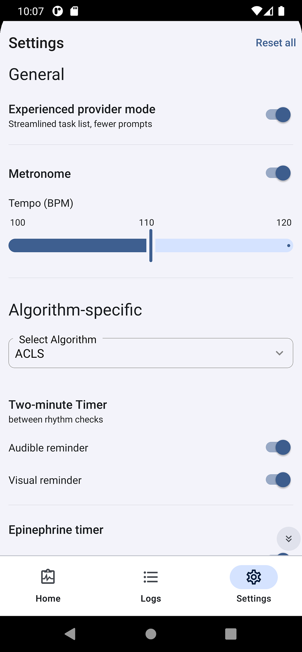 Settings screen with experienced provider mode, metronome tempo and two-minute timer options.