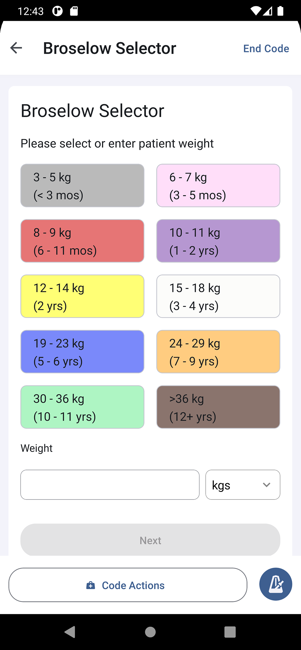 Preview of a pediatric weight selector screen with colour-coded weight ranges.